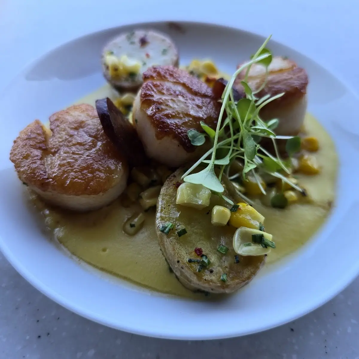 Seared Scallops with Corn Bisque