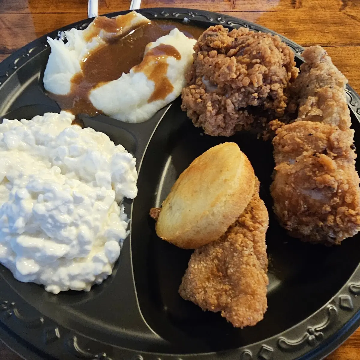 Fried Chicken One Fish Plank Mashed Potatoes with Gravy and Cottage Cheese