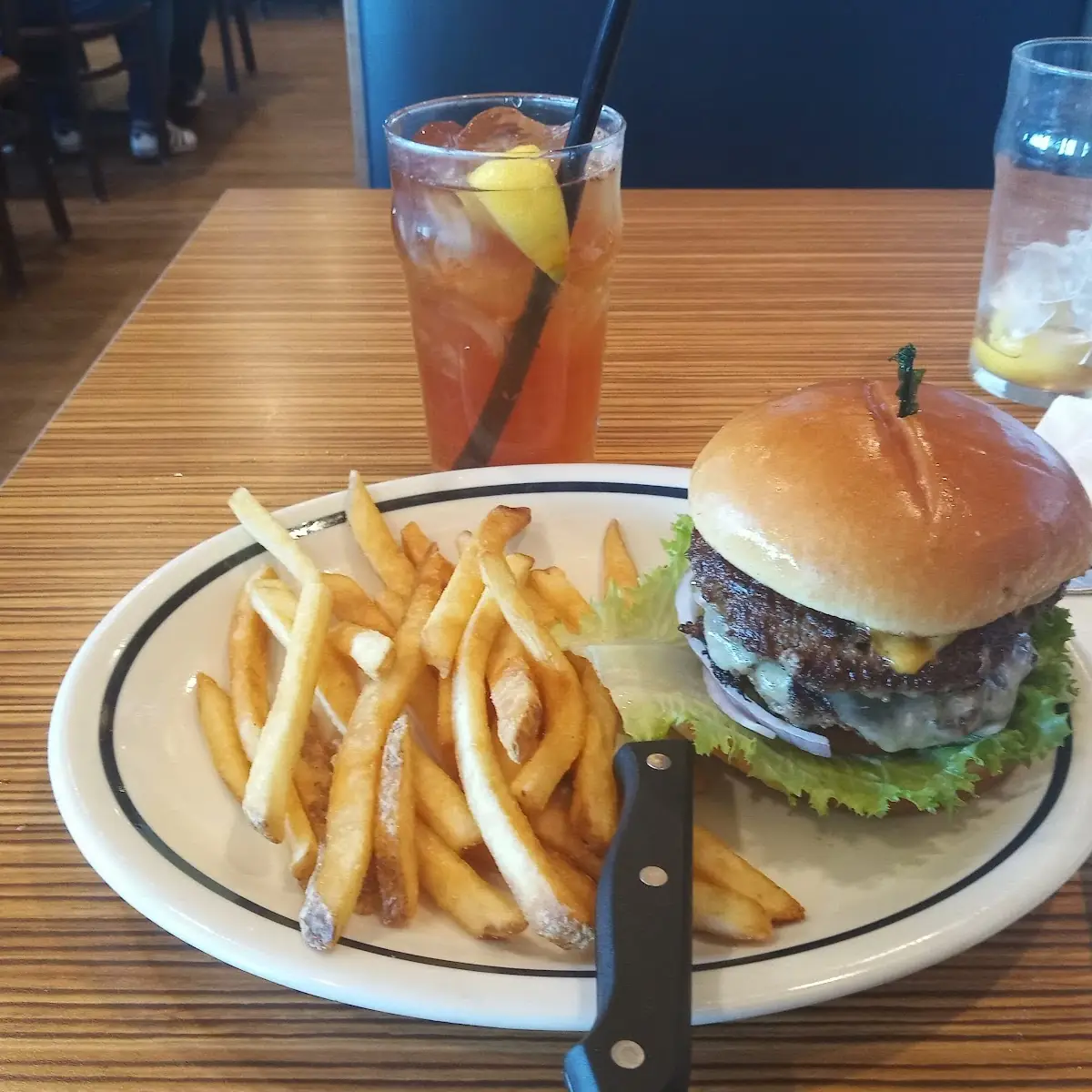 Philly Cheesesteak Burger Fries Ice Tea Coffee