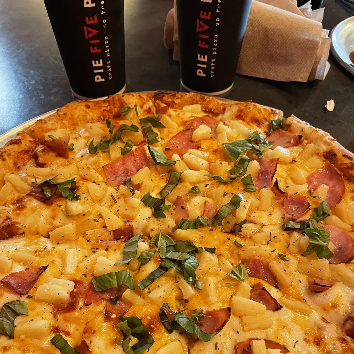 BYO Pizza w Crispy Thin Crust Cheese Pizza Canadian Bacon Pinapple