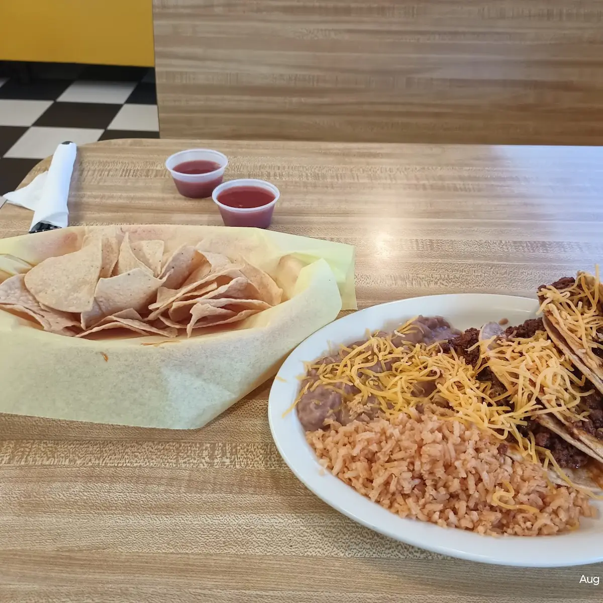 Two Beef Taco's with Rice and Beans