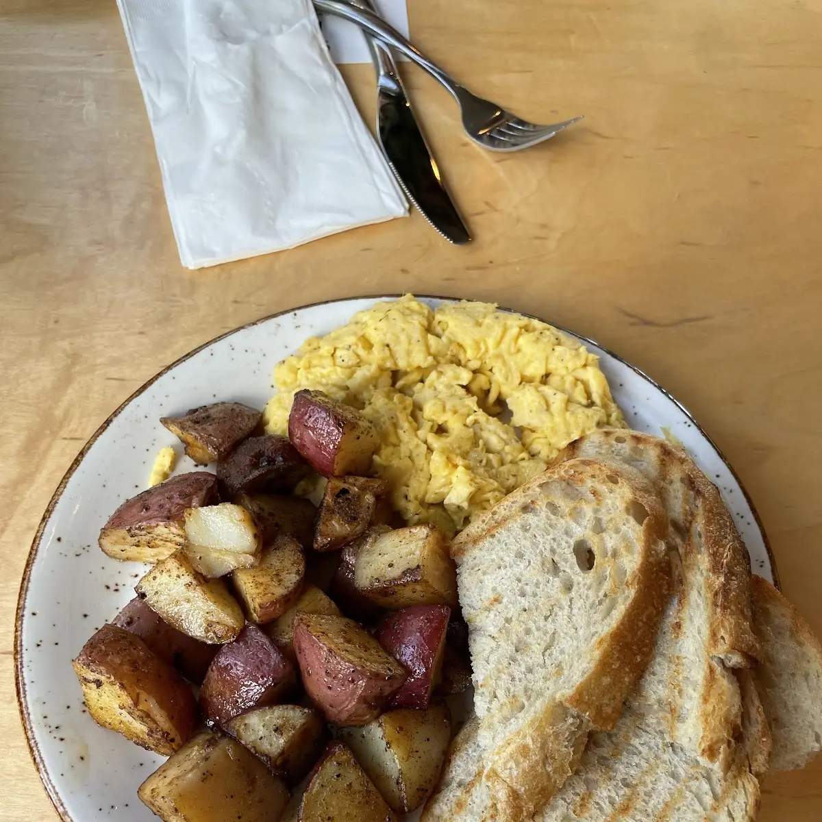 Scrambled Eggs Potatoes and Toast