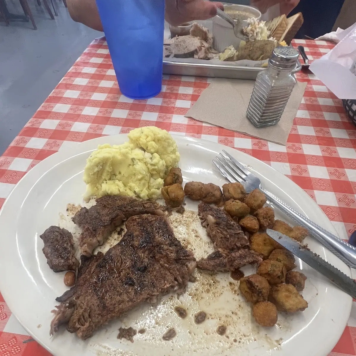 Steak Potato Salad and Fried Okra