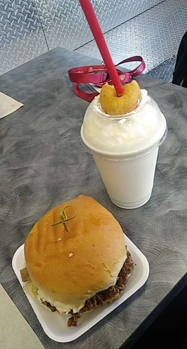 Mushroom Swiss Burger and Banana Milkshake, Marco’s Famous