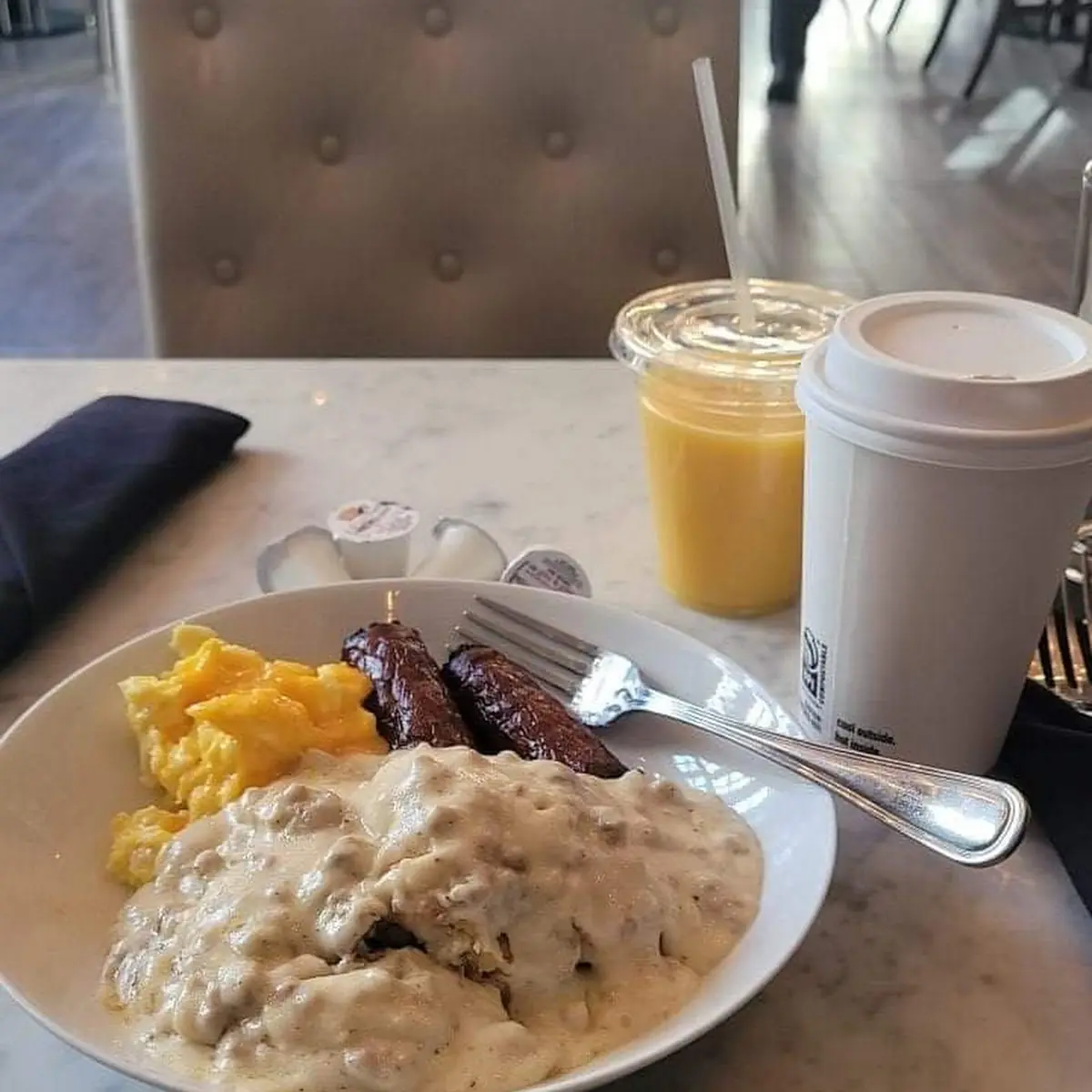 Biscuits and Gravy Scrambled Eggs with Cheese and Conecuh Sausage Links