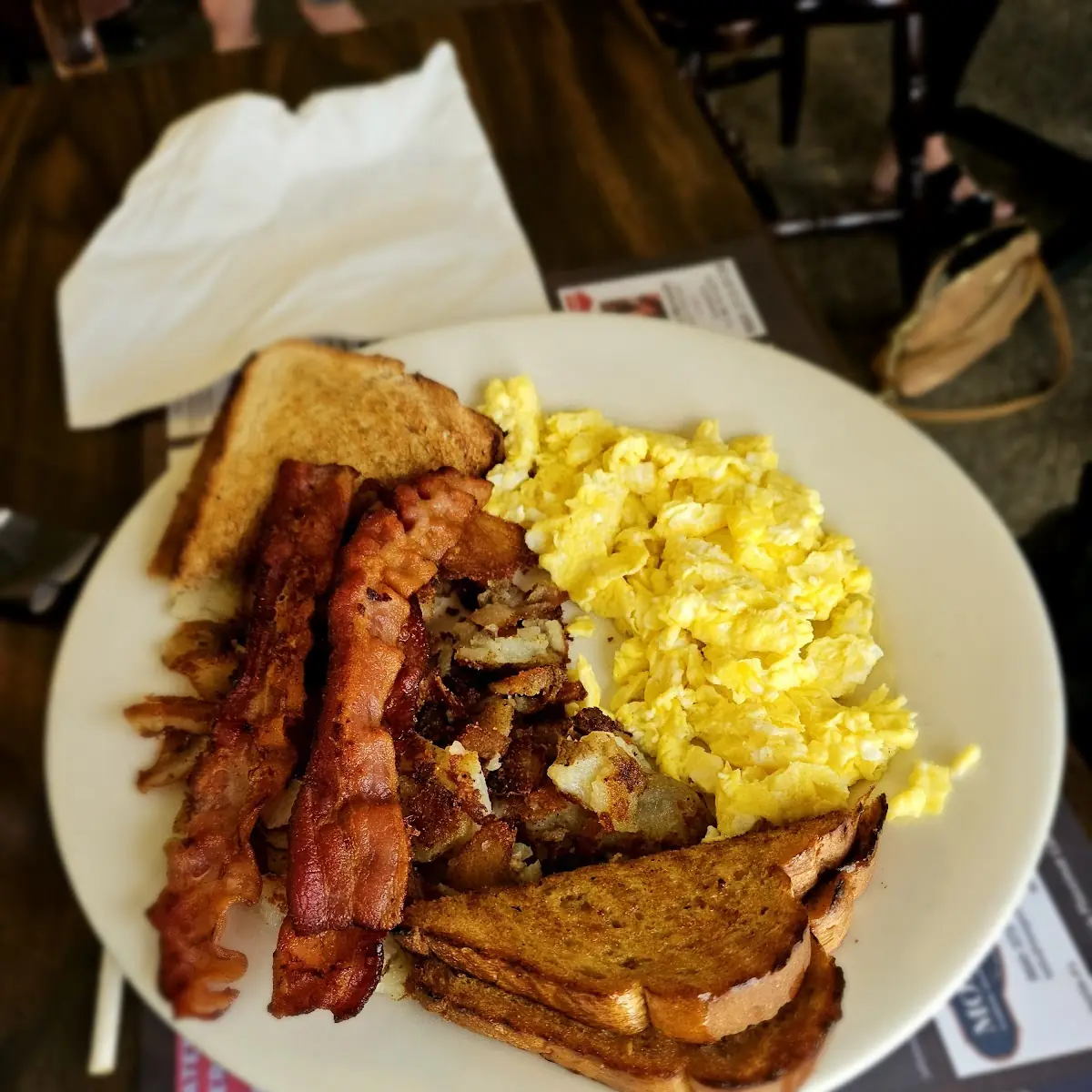 Scrambled Eggs Homefries Toast and Bacon