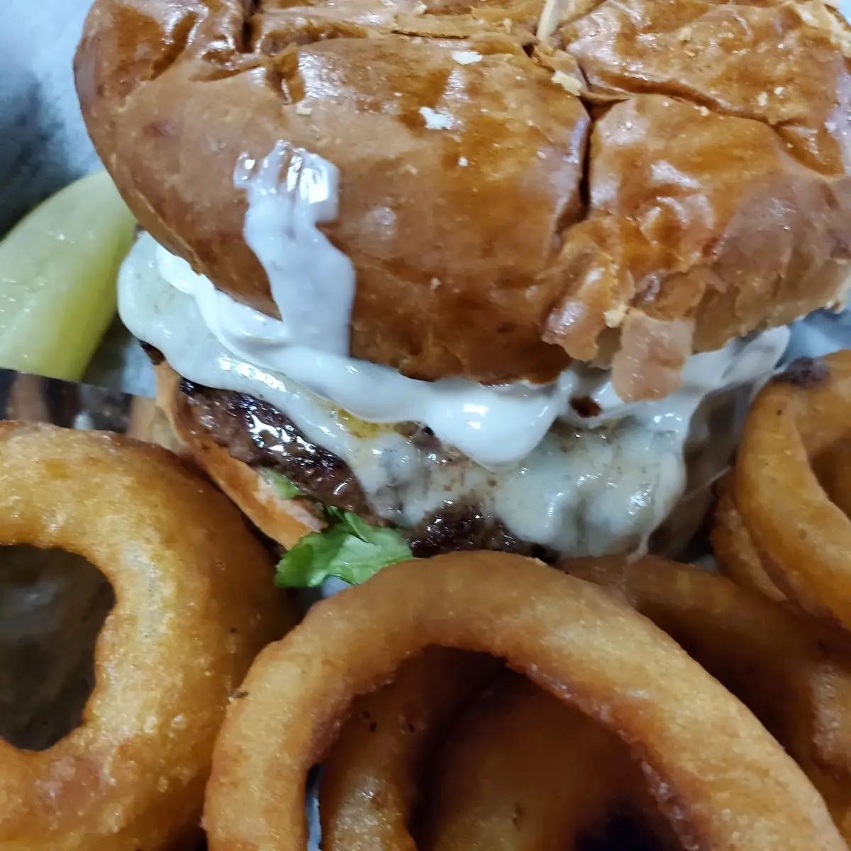 Olive Burger with Onion Rings