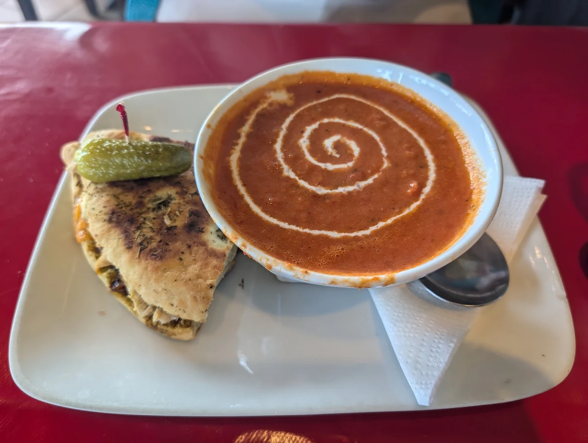 Chicken Guac and Bacon Panini with the Roasted Red Pepper and Tomato Soup, The Java Garden Cafe & Eatery