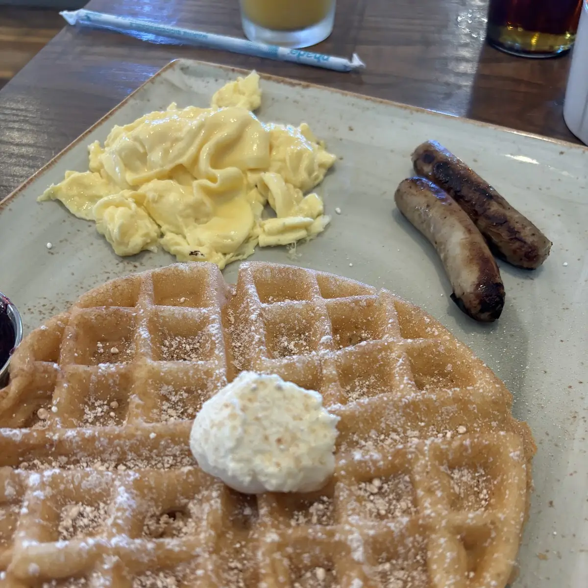 Waffle with Scrambled Eggs and Chicken Sausage