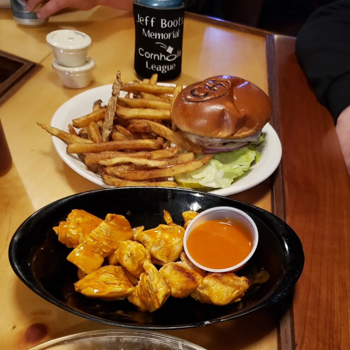 Caesar Salad Grilled Chicken Bites with Buffalo Sauce Cheeseburger and Fries