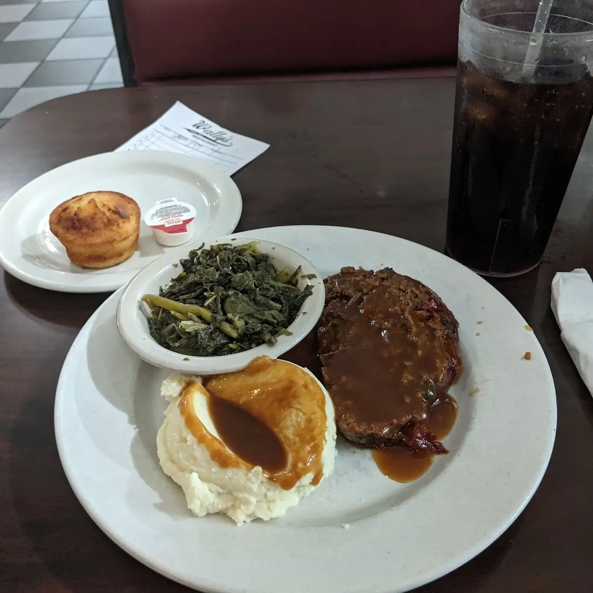 Meatloaf Mashed Potatoes and Gravy Turnip Greens Cornbread