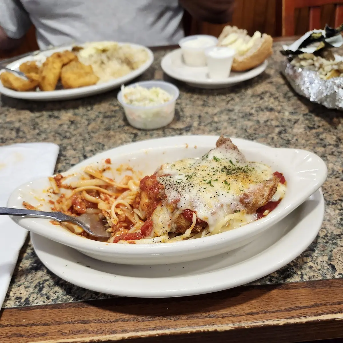Chicken Parmesan over Spaghetti