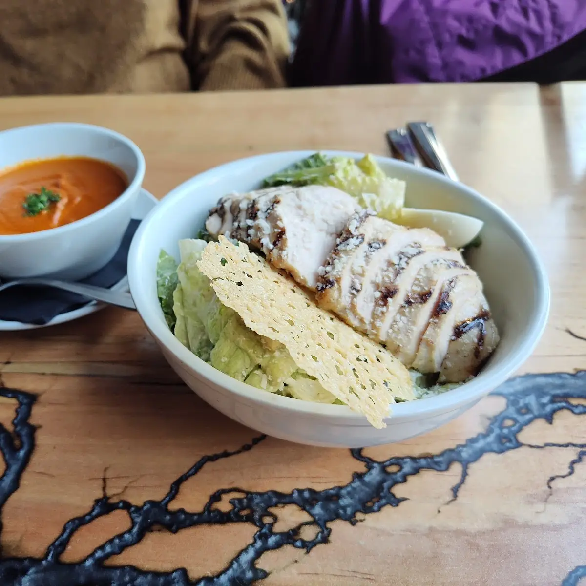 Tomato Bisque with Chicken Caesar Salad