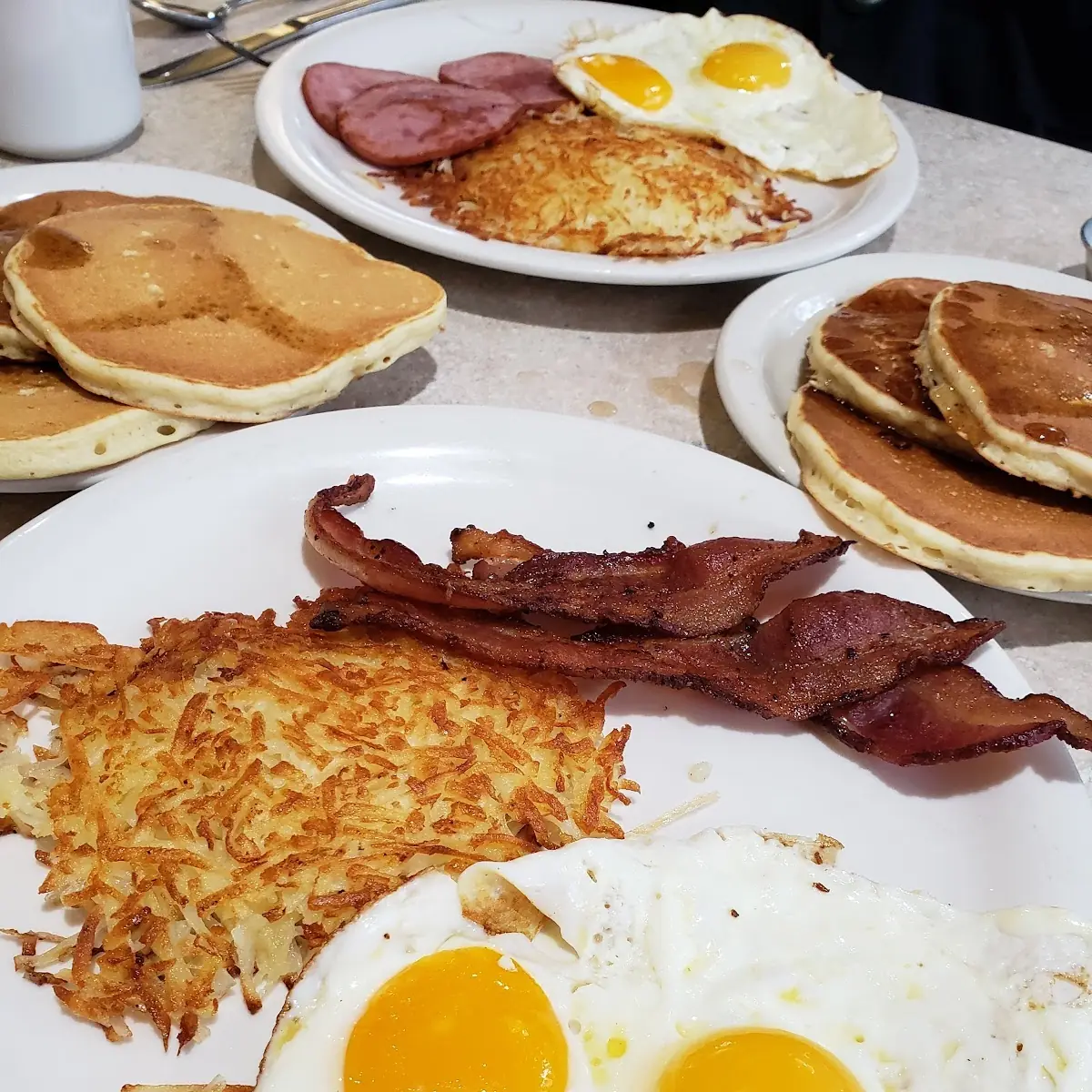 Scrambled Eggs Pancakes and Sausage