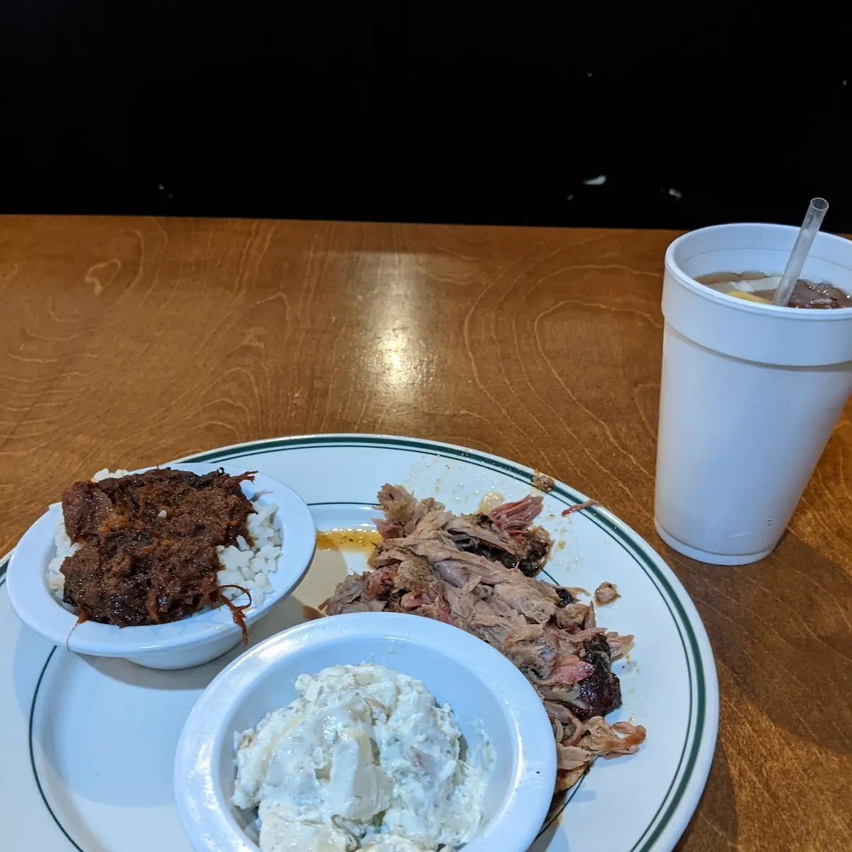 Pulled Pork with Hash and Rice and Potato Salad
