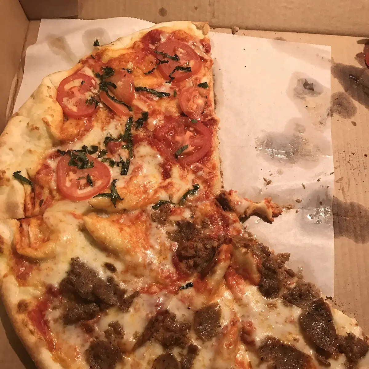 Half Sausage and Half Tomato Basil Pizza