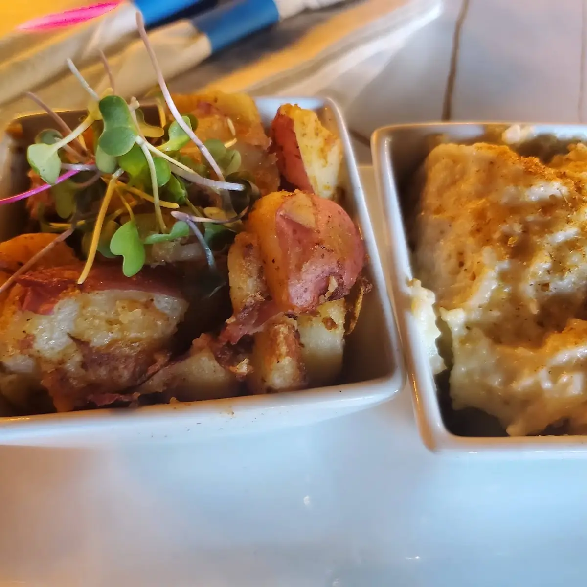 Roasted Potatoes Left Smoked Gouda Cheese Grits Right