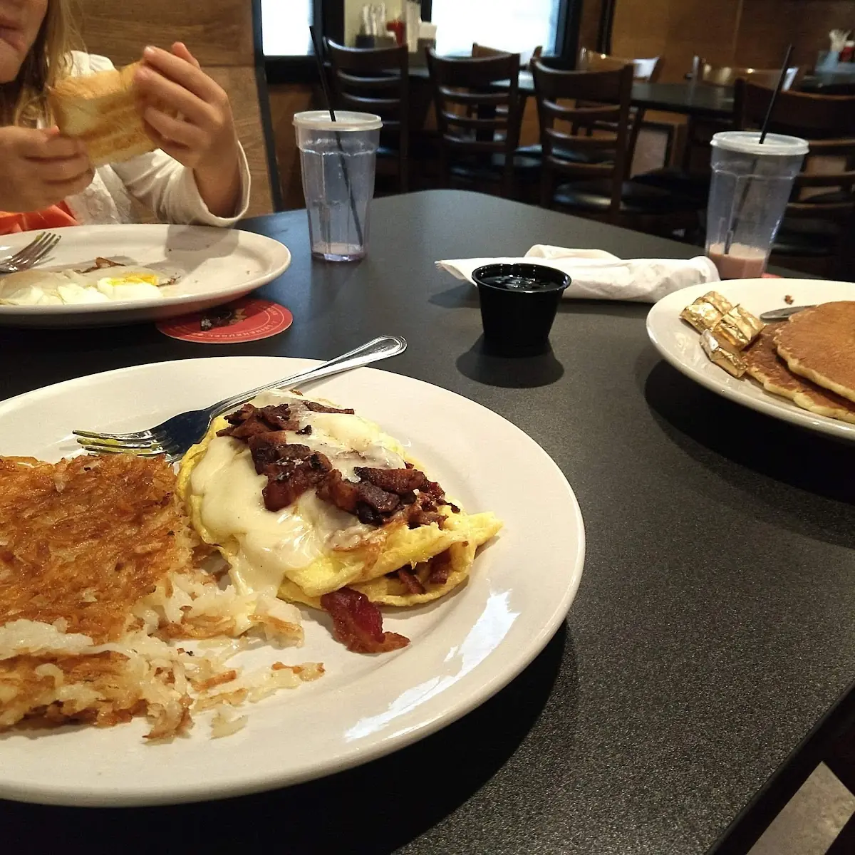 Chocolate Chip Pancakes and Bacon Omelette
