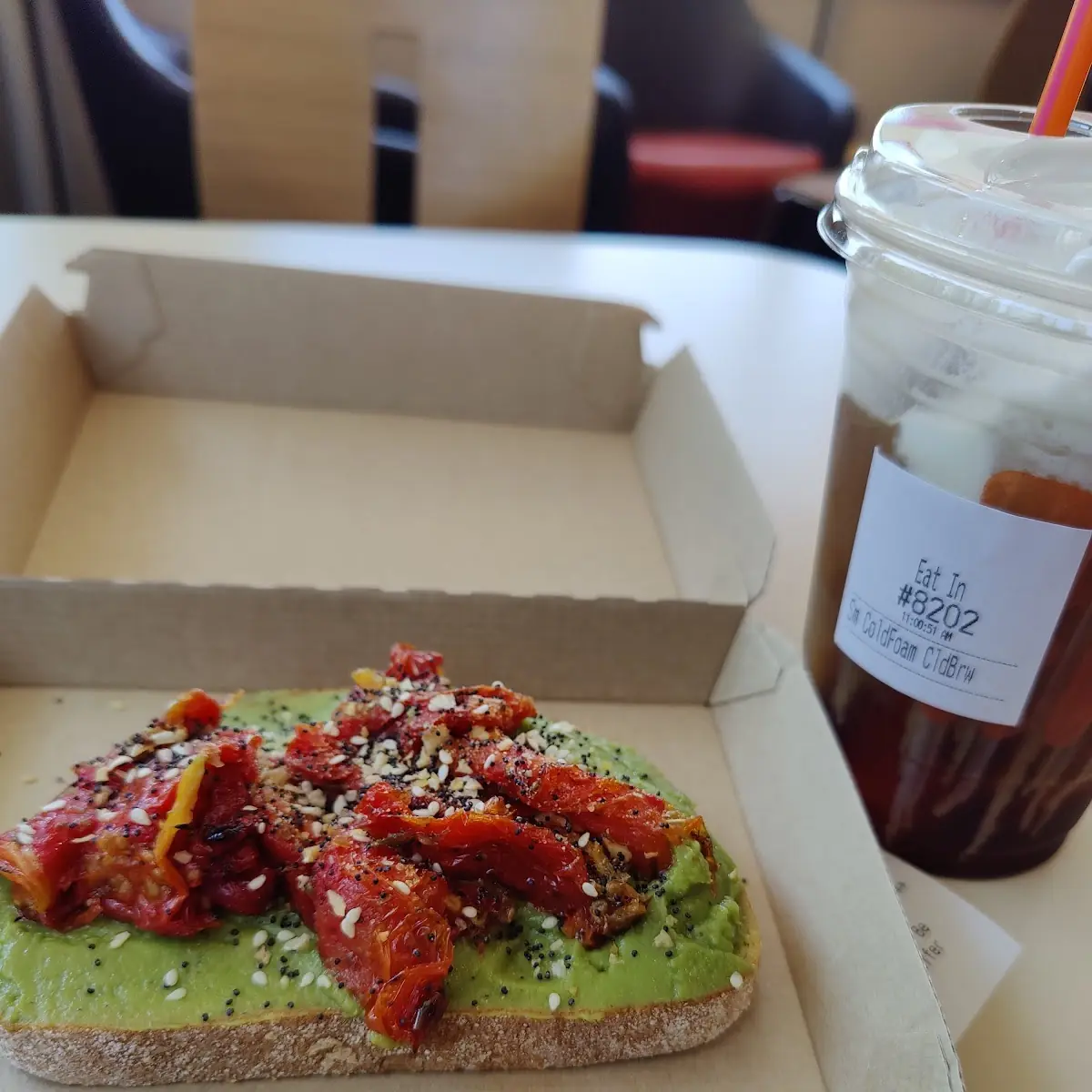 Avocado & Roasted Tomato Toast with Cold Foam Cold Brew