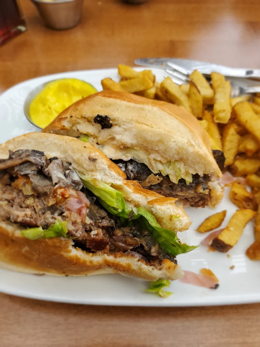 Black and Blue Burger and Fries with Curry Aioli Dip
