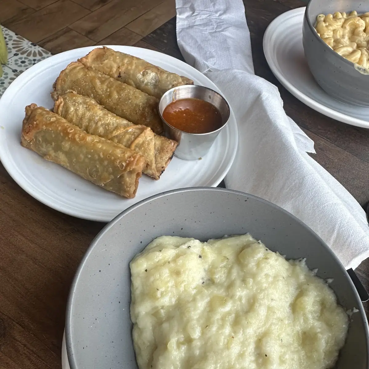 Mashed Potatoes and Beef Egg Rolls