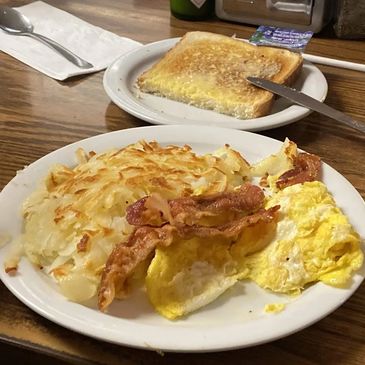 Hash Browns Bacon Eggs and Toast