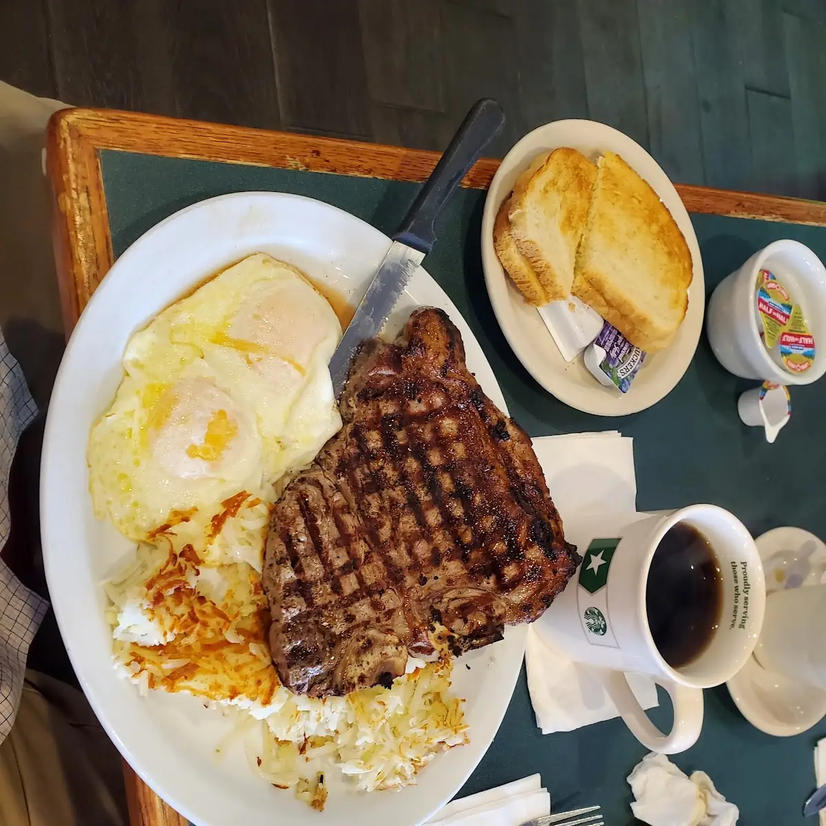 T-Bone Steak Eggs and Hashbrowns with Sourdough Toast