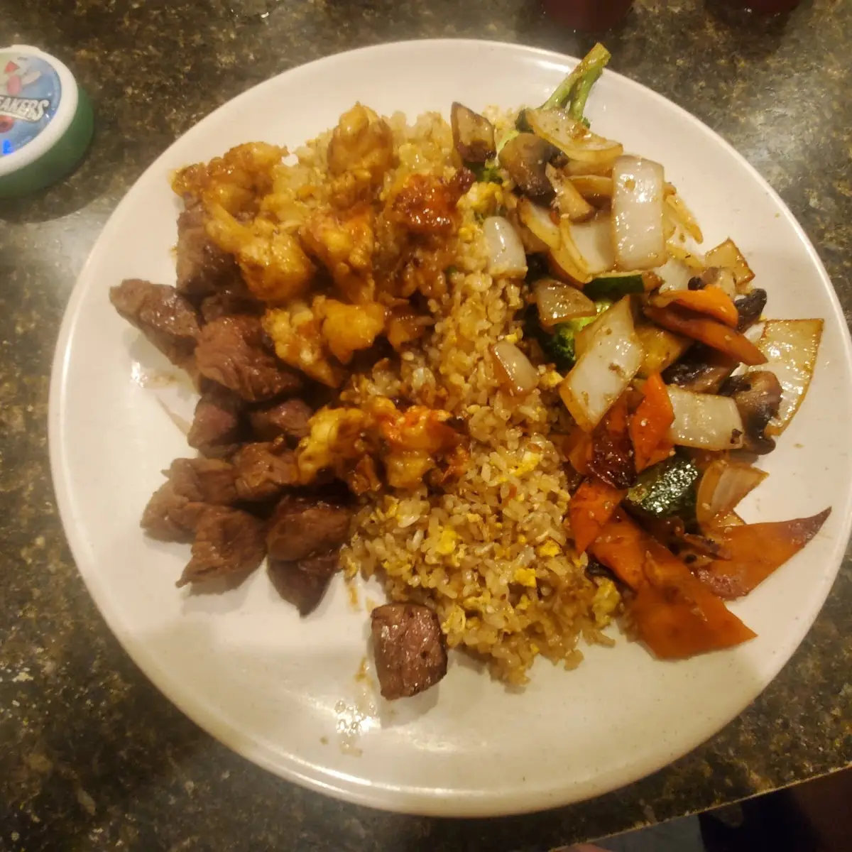 Steak and Grilled Shrimp with Fried Rice