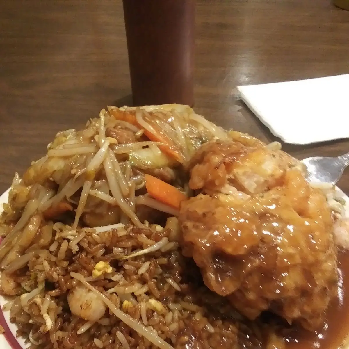 Combination Number 4 Beef Chop Suey Shrimp Egg Foo Young and Shrimp Fried Rice