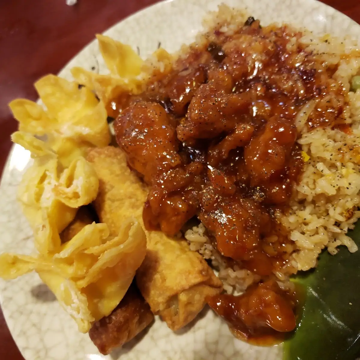 Crab Rangoon Egg Roll General TSO's Chicken Vegetables Fried Rice