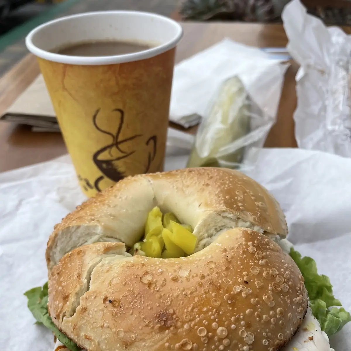 Turkey Bagel Sandwich and Coffee