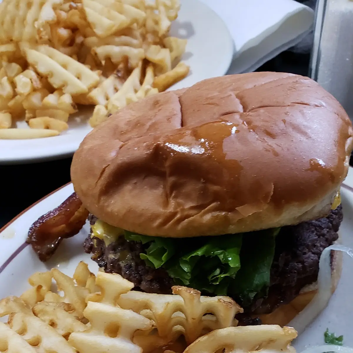 Bacon Cheeseburger and Waffle Fries