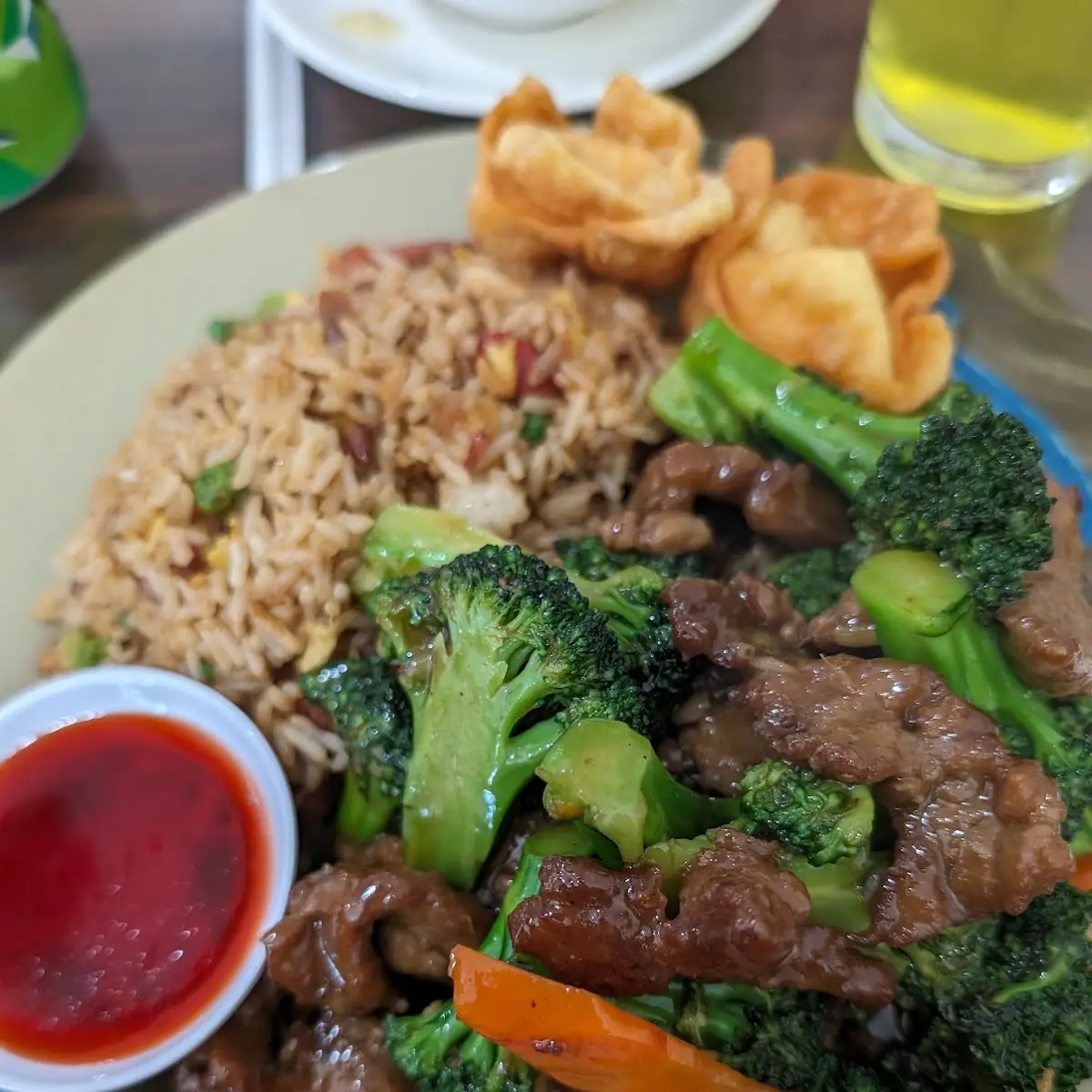 Broccoli Beef with Pork Fried Rice and Cream Cheese Rangoon