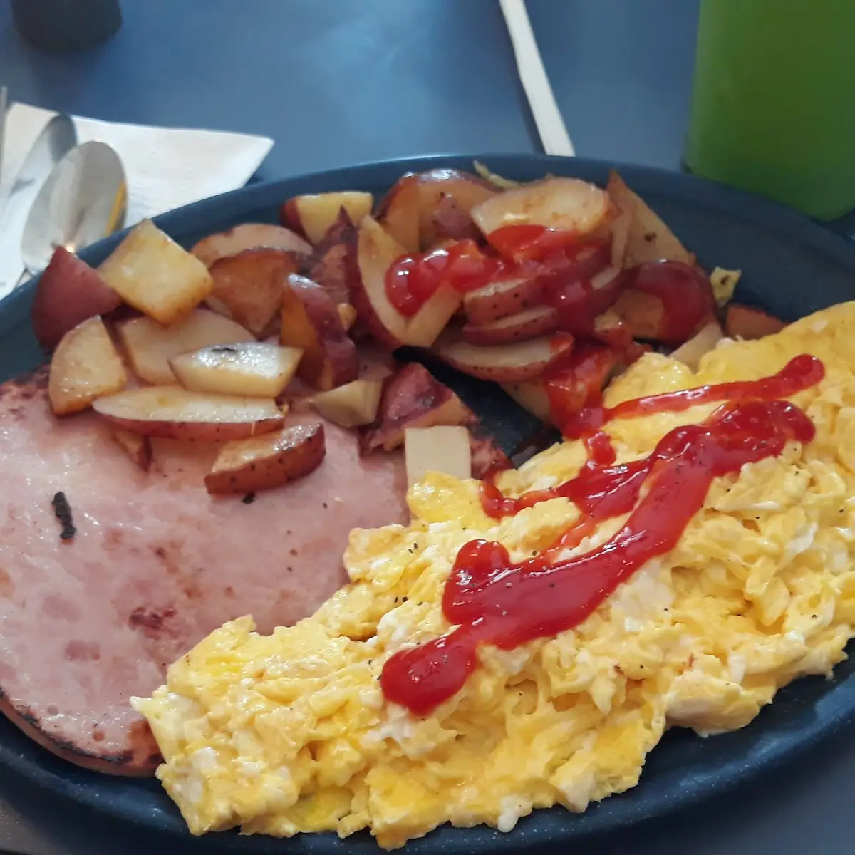 Country Ham 2 Eggs Hash Brown Potatoes Two Massive Blueberry Pancakes