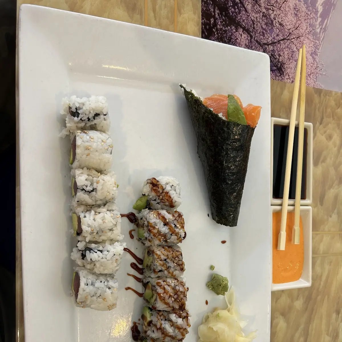 Sushi Eel Skin Eel Roll and Salmon Hand Roll