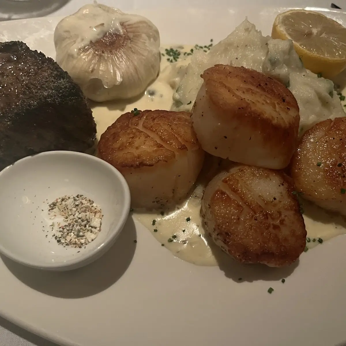 New England Sea Scallops Colossal Size with Parmesan Mashed Potatoes and Piccata Sauce
