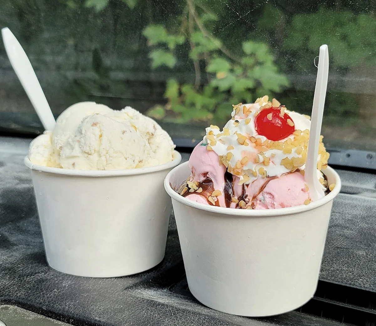 Left Ginger Ice Cream & Grape Nuts Ice Cream Right Peppermint Stick Hot Fudge Sundae