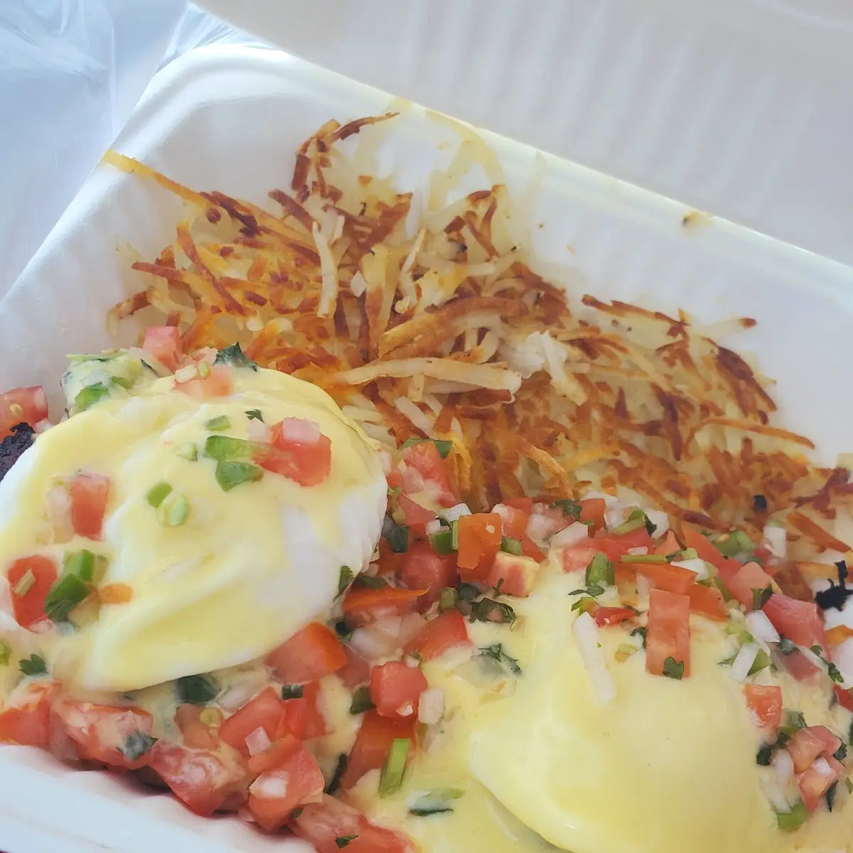 Chorizo Eggs Benedict with Hashbrowns