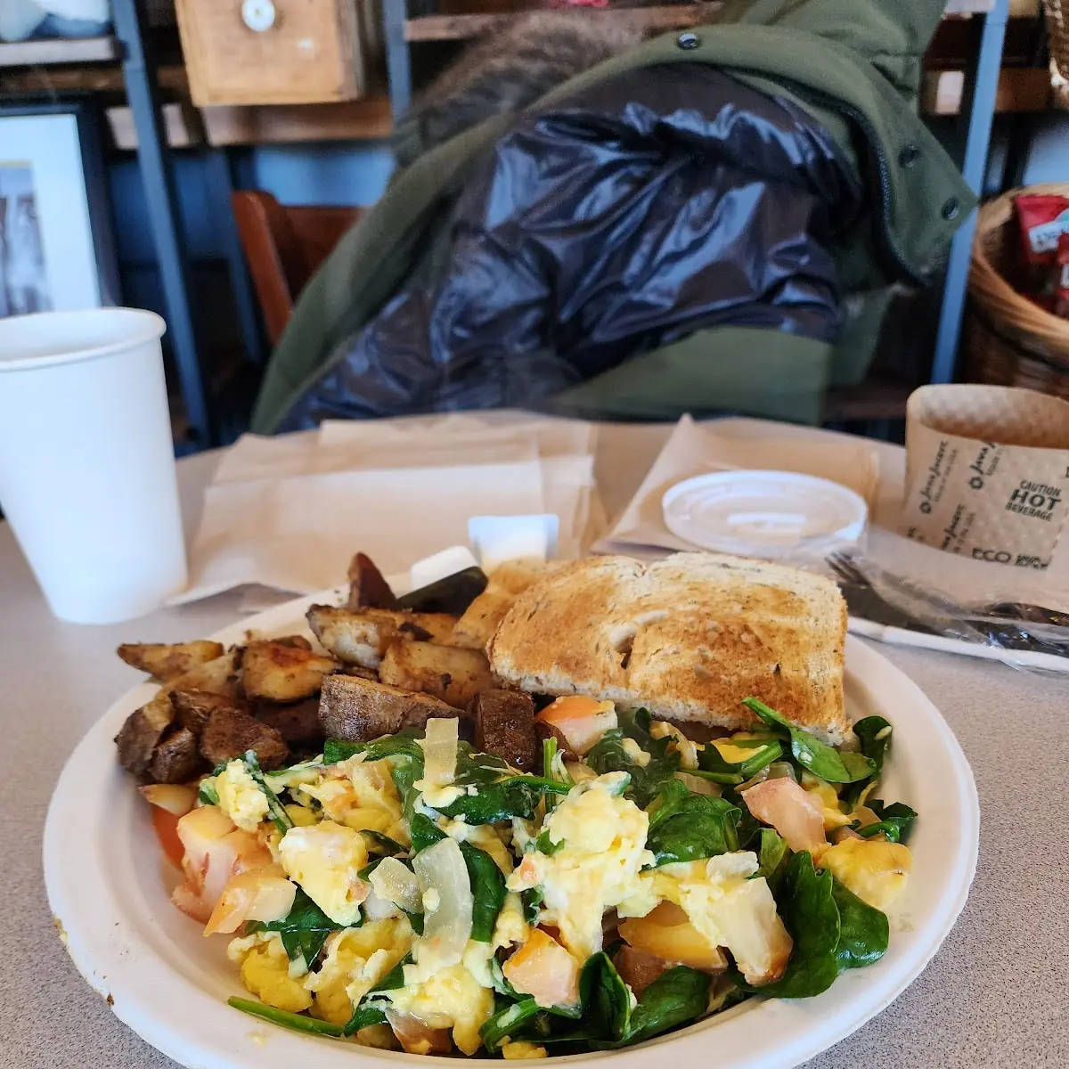 Scrambled Eggs and Toast and Hash Browns