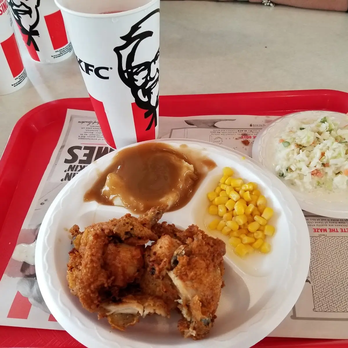 Fried Chicken Mashed Potatoes Corn &Coleslaw from the KFC Buffet