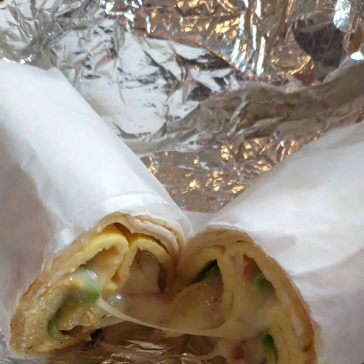 Egg Wrap with Onion Avocado and Pepper Jack Cheese