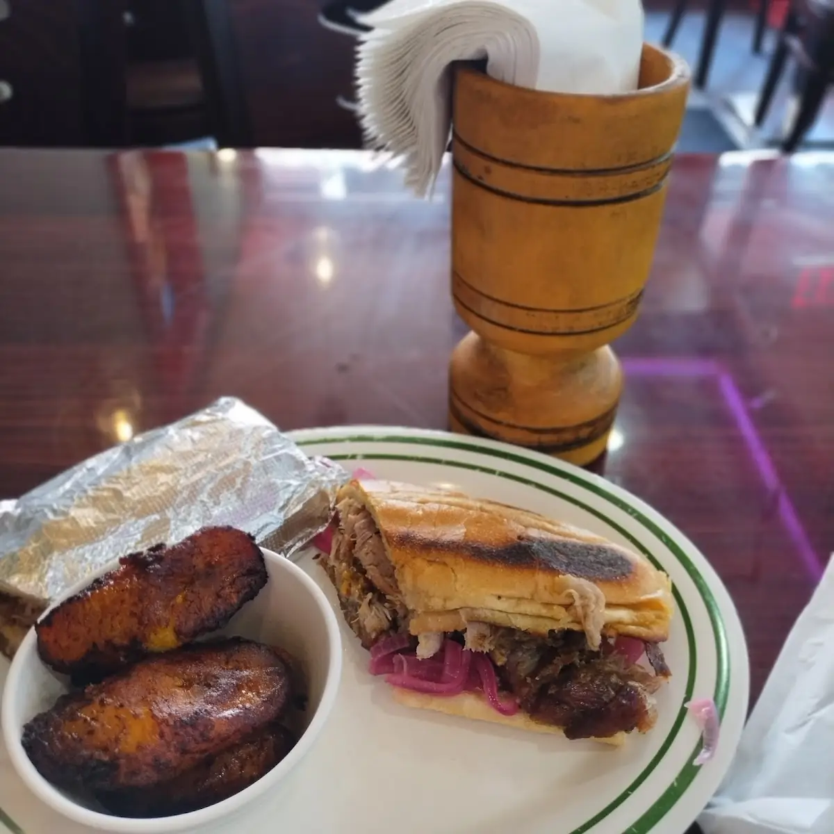 Pernil Sandwich with Pickled Onions and Maduros