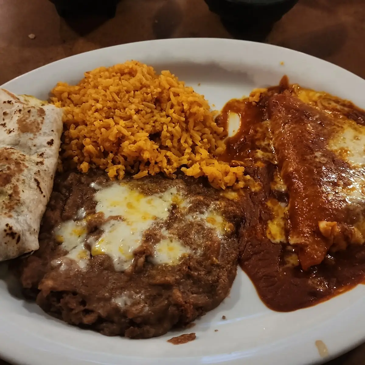 Combo Plate- Mini Chile Verde Burrito and Enchilada Roja