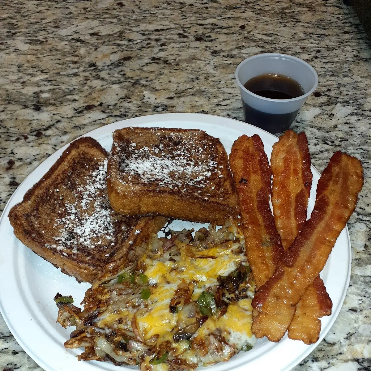 French Toast Loaded Hashbrowns and Bacon