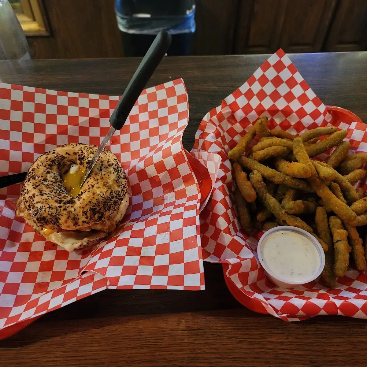 Breakfast Bagel & Fried Green Beans