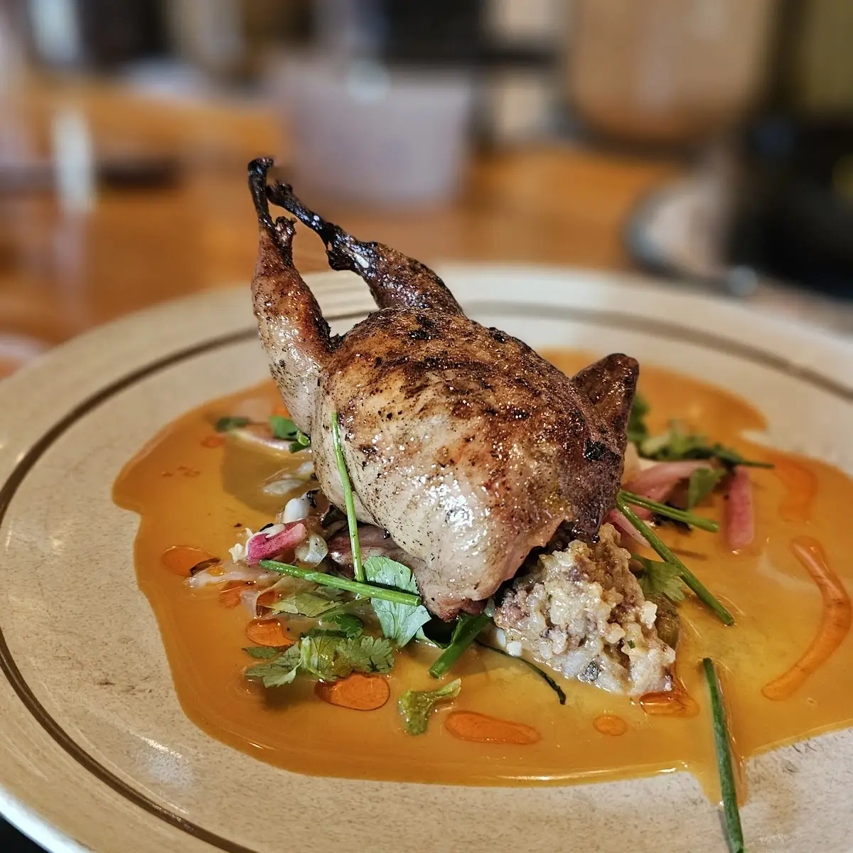 Half Quail with Texmati Rice Apple Cheddar and Apple Cider Rosemary Vinaigrette