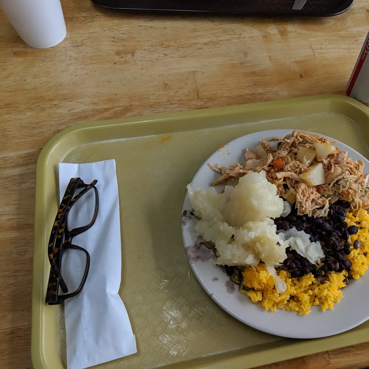 Pulled Chicken Yellow Rice Black Beans and Cassava