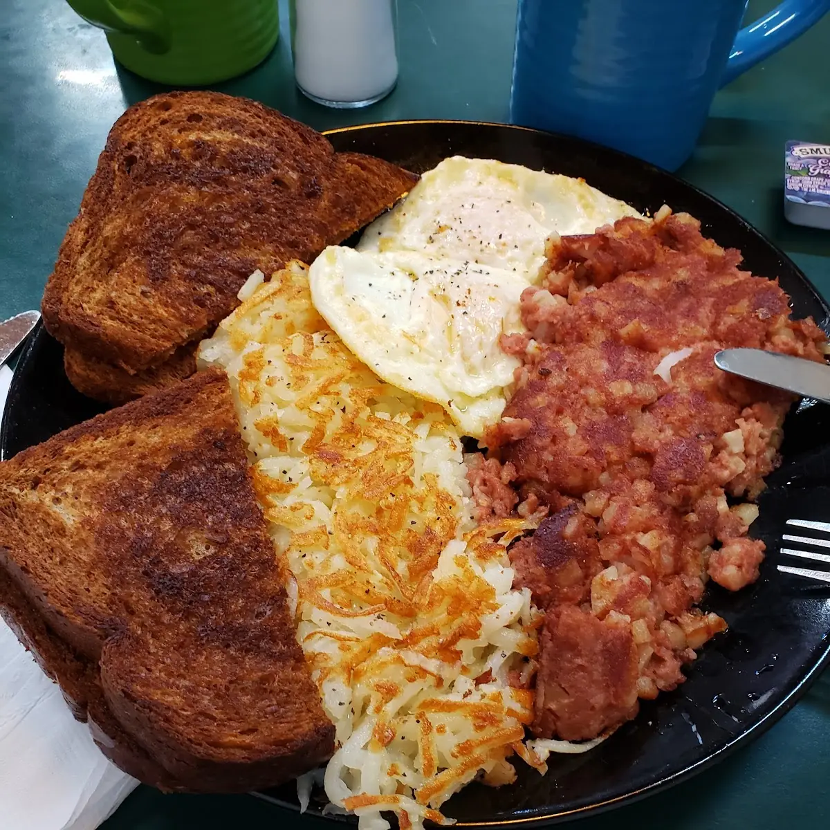 One Egg One Strip Bacon Hash Browns Toast