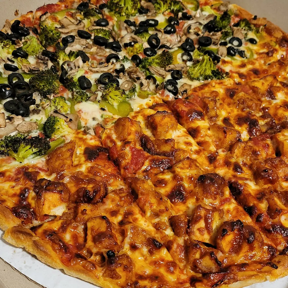 Half Veggie and BBQ Chicken Pizza
