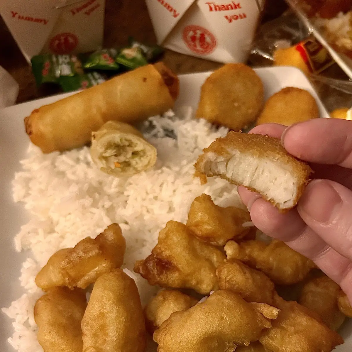 Sweet & Sour Chicken with Spring Rolls and Fried Scallops